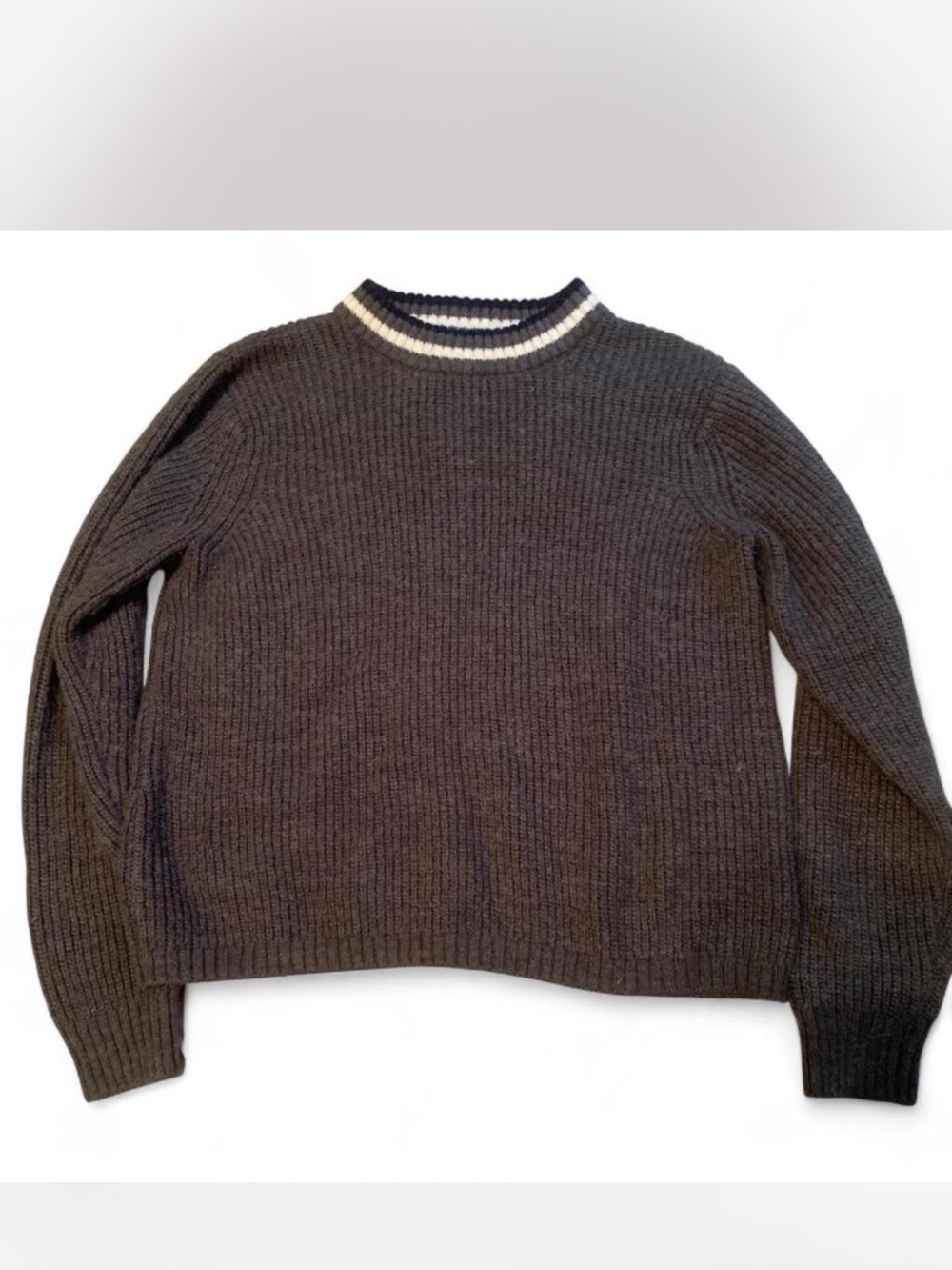 Massini Dark Gray Ribbed Crewneck Sweater with Cream Neck Stripe
